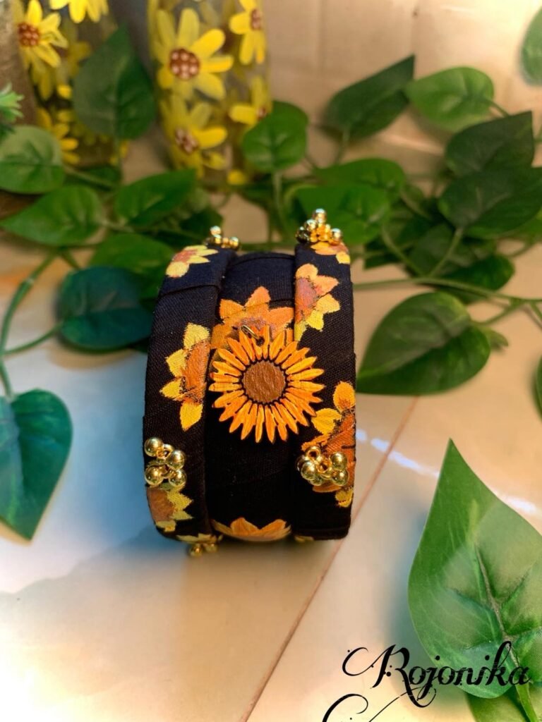 Handmade black and yellow sunflower bangles set by Rojonika – floral design jewelry