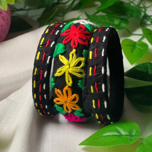 Handmade Black Embroidered Fabric Bangles – Set of 3 with Colorful Floral Designs3