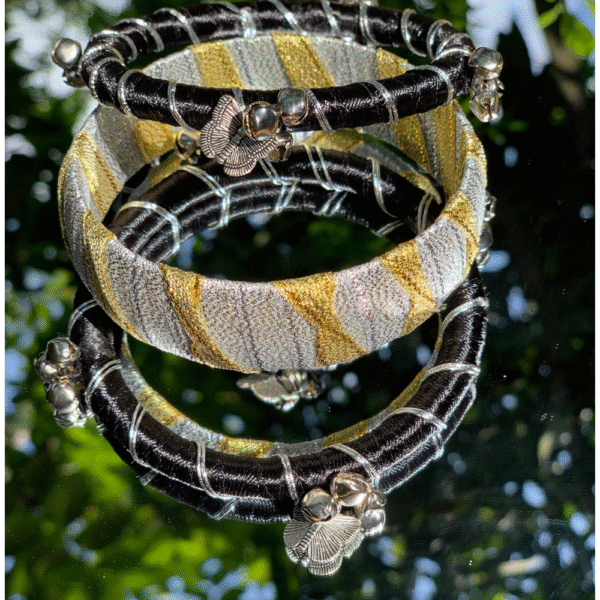 Handmade Black & Metallic Silk Thread Bangles – Set of 3 with Silver Charms