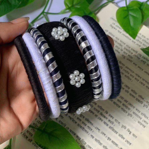 Handmade Black & White Silk Thread Bangles – Set of 6 with Pearl and Silver Accents