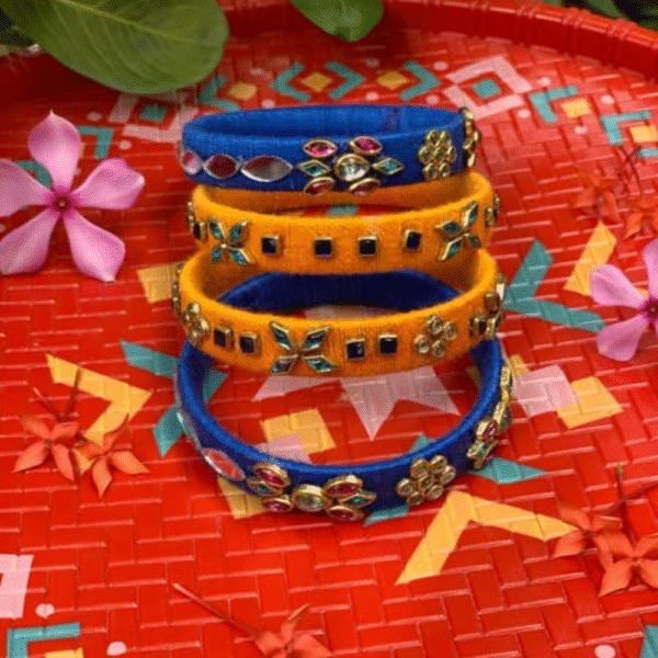 Handmade Blue & Orange Silk Thread Bangles – Set of 6 with Colorful Stone Embellishments