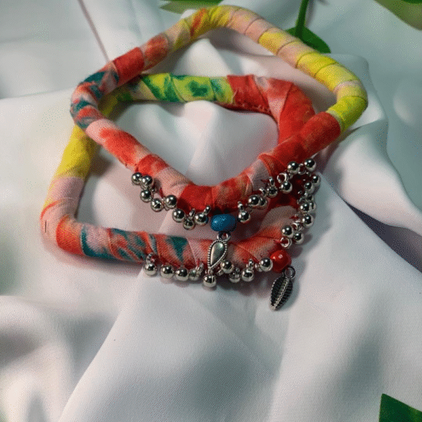 Handmade Multicolor Tie-Dye Fabric Bangles – Set of 2 with Silver Beads & Charms