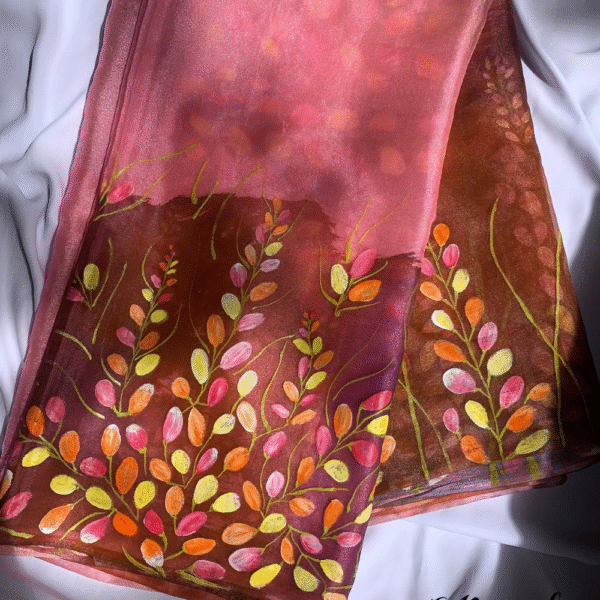 Hand-Painted Organza Saree – Pink & Brown with Multicolor Leaf Artwork