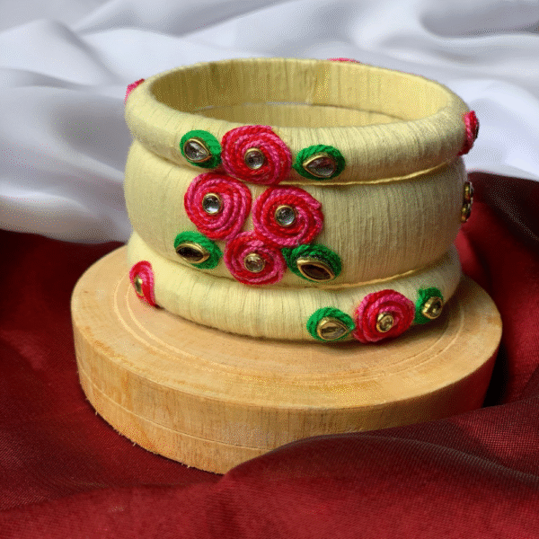 Handmade Cream Silk Thread Bangles – Set of 2 with Pink & Green Floral Embellishments